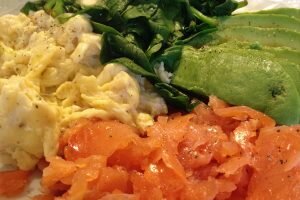 Egg, spinach, smoked salmon and avocado breakfast