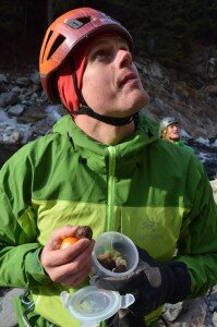 Eating homemadeClif bars and clementines in the Arc'teryx Alpha Comp